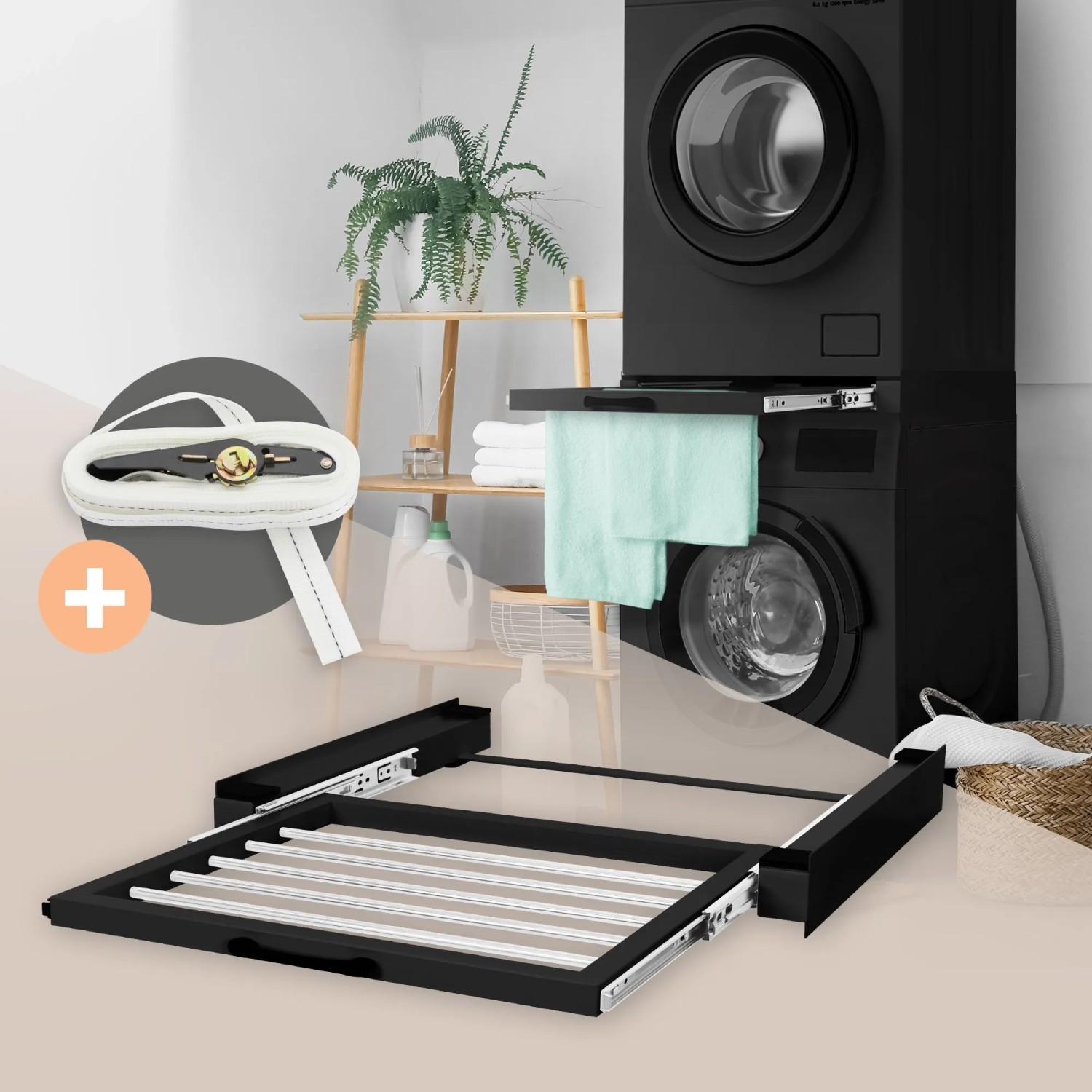 ML-Design Zwischenbaurahmen mit Wäscheleine, Stahl, schwarz, für Waschmaschine und Trockner.