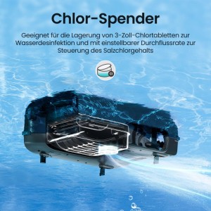 Poolskimmer Surfer S2 im Wasser, zeigt integrierten Chlor-Spender für Chlortabletten zur Wasserdesinfektion.