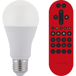 Just Light LED-Lampe mit E27 Fassung und roter Fernbedienung zur App-Steuerung.