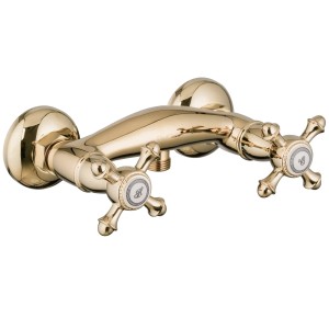 Goldene PaulGurkes Duscharmatur im Retro-Stil mit Kreuzgriffen für Aufputz-Duschsystem.