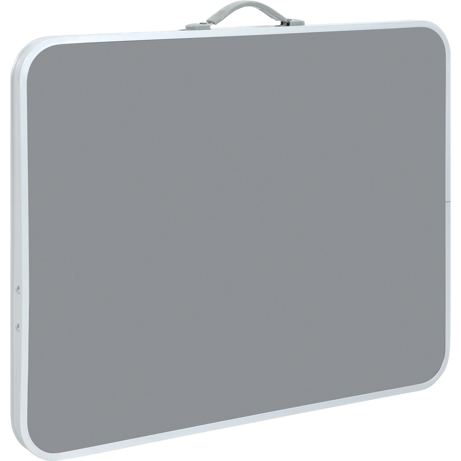 Zusammengeklappter, grauer Campingtisch Calimesa mit Aluminiumgestell und Tragegriff.