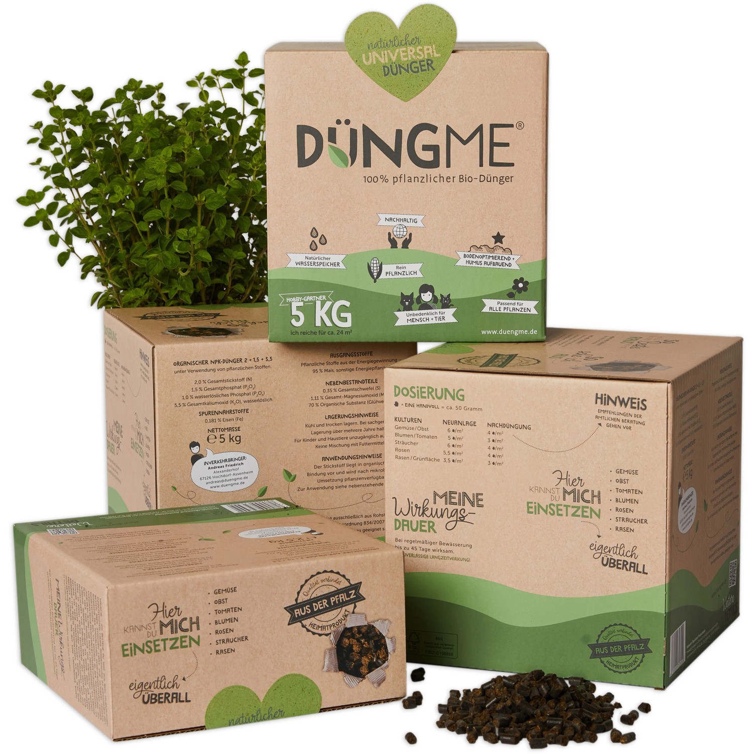 Universaldünger DüngMe 20kg (2x10kg) im Karton, geeignet für Gemüse, Obst und Grünflächen.