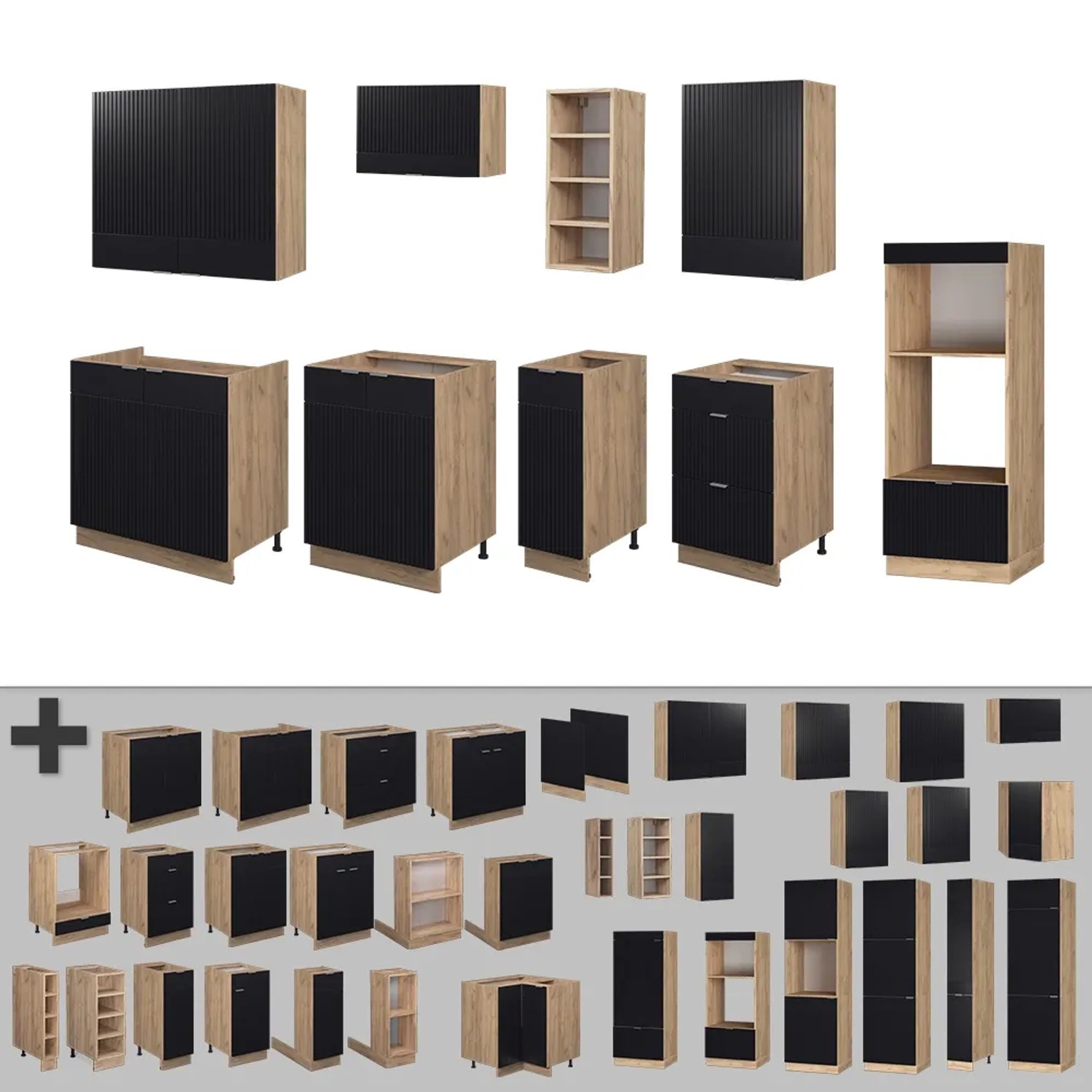 Vicco Fame-Line Küchenzeile, 280 cm, Schwarz/Goldkraft Eiche, Marmor Arbeitsplatte. Küchenmöbel Set.
