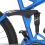 Detailaufnahme blaues Fischer E-Bike Montis EM 1862: Dämpfer, Reifen und Rahmen.