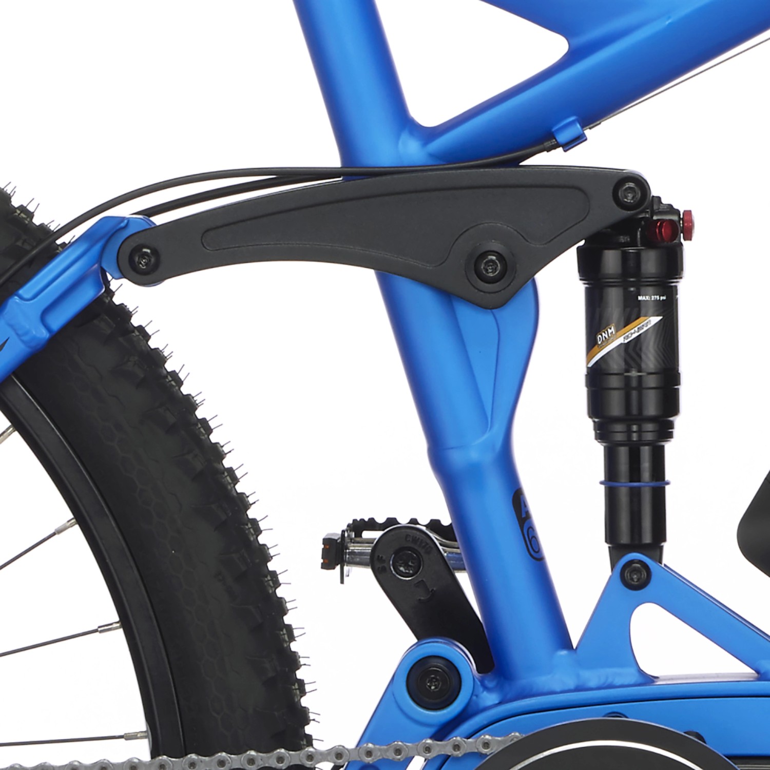 Detailaufnahme blaues Fischer E-Bike Montis EM 1862: Dämpfer, Reifen und Rahmen.