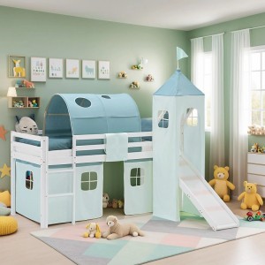 Weißes Kinder Hochbett 90x200 mit Rutsche, Turm und mintgrünem Tunnel. Abenteuerbett für das Kinderzimmer.