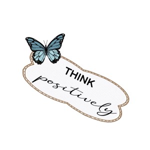 Sanders Wandtattoo mit blauem Schmetterling und dem Text 'Think positively'.