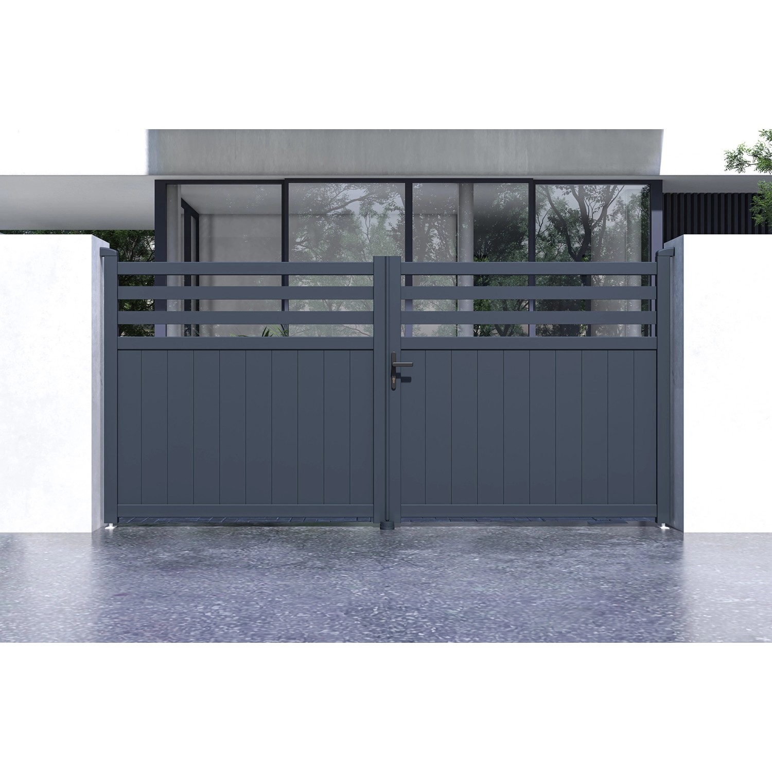 Graues Casanoov Drehtor Nevis aus Aluminium mit Motorisierung, 3,4 m breit und 1,6 m hoch.