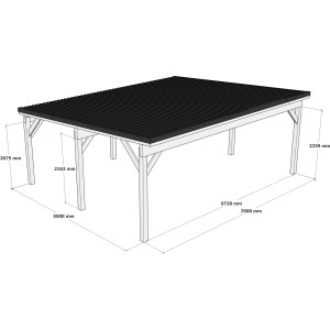 Holzbrüder Doppelcarport Ralf, naturbelassen mit dunklem Blechdach, 700x600 cm. Carport mit Maßangaben.