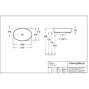 Technische Zeichnung: Villeroy & Boch Artis Aufsatzwaschbecken, 61x41 cm, Maße und Details.