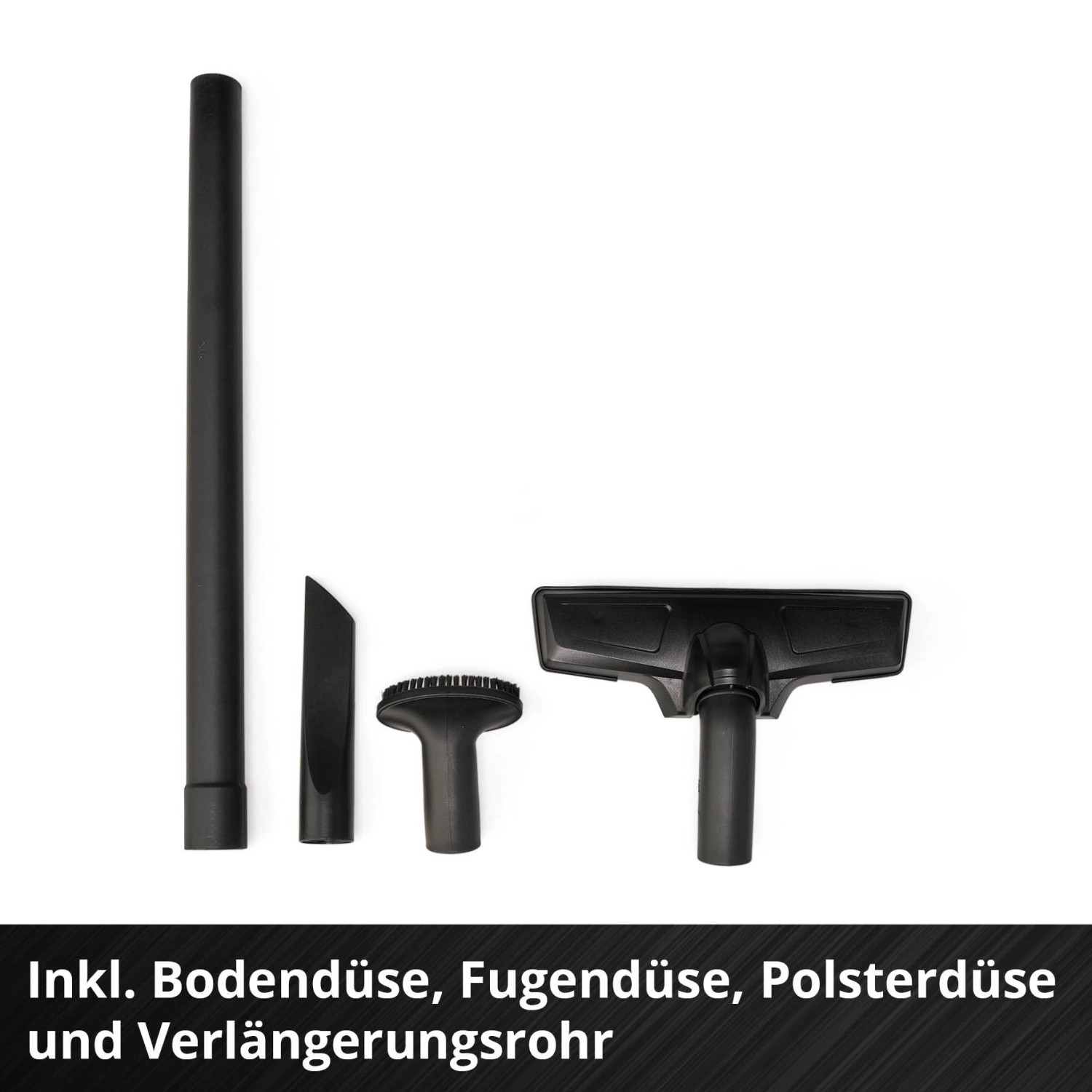 Zubehör für Einhell Akku-Handstaubsauger: Verlängerungsrohr, Boden-, Fugen- und Polsterdüse.