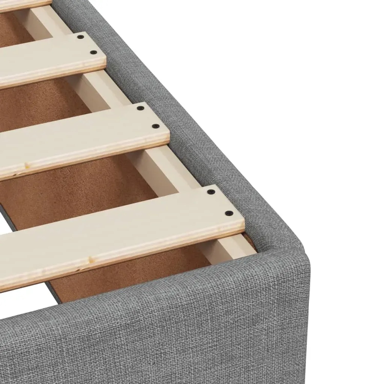 Detailansicht Boxspringbett hellgrau, Stoffbezug, Lattenrost. Bett für erholsamen Schlaf.