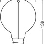Skizze Osram LED-Leuchtmittel E27 Globe, Maße 13,8x9,5cm, Vintage-Stil.