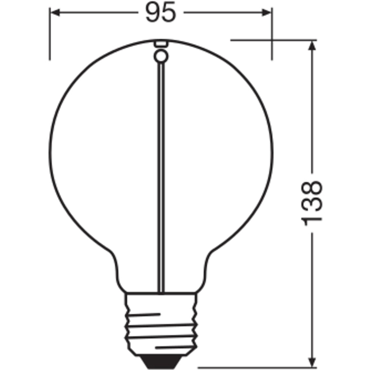 Skizze Osram LED-Leuchtmittel E27 Globe, Maße 13,8x9,5cm, Vintage-Stil.