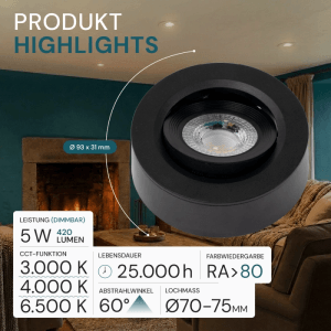 Schwarzer, dimmbarer LED Einbauspot (6er-Set) mit CCT-Funktion für warm- bis kaltweißes Licht. Ultraflaches Design.