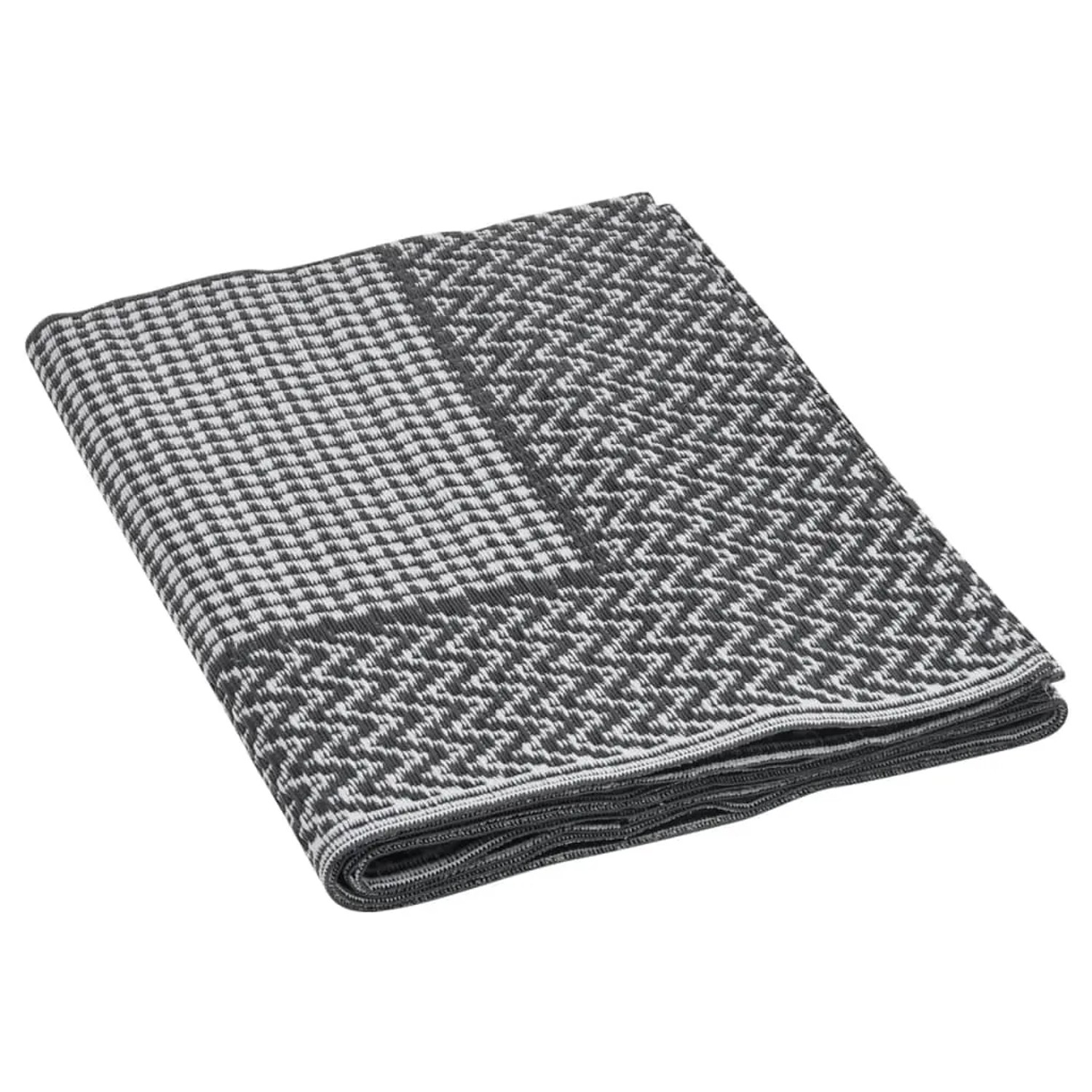 Schwarzer vidaXL Outdoorteppich, 140x200 cm, mit Jacquard-Muster. Ideal für Terrasse und Balkon.
