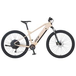 Sandbeiges Prophete E-Bike MTB Dice 2.0 mit integriertem Akku und 29-Zoll-Reifen.