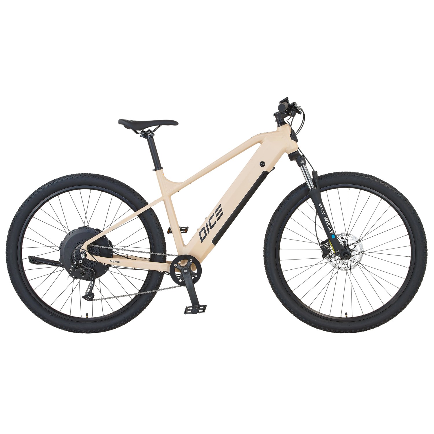 Sandbeiges Prophete E-Bike MTB Dice 2.0 mit integriertem Akku und 29-Zoll-Reifen.