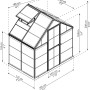 Technische Zeichnung: Palram Canopia Gewächshaus, grüne Aluminiumrahmen, Polycarbonatplatten, Maße eingezeichnet.