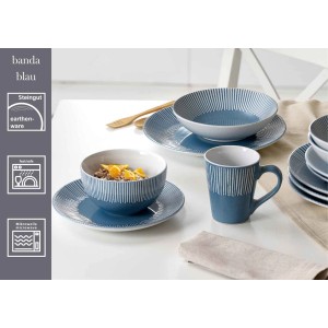 Ritzenhoff & Breker Banda Tafelservice, 12-teilig, blau, mit Streifenrelief. Geschirr-Set aus Steingut.