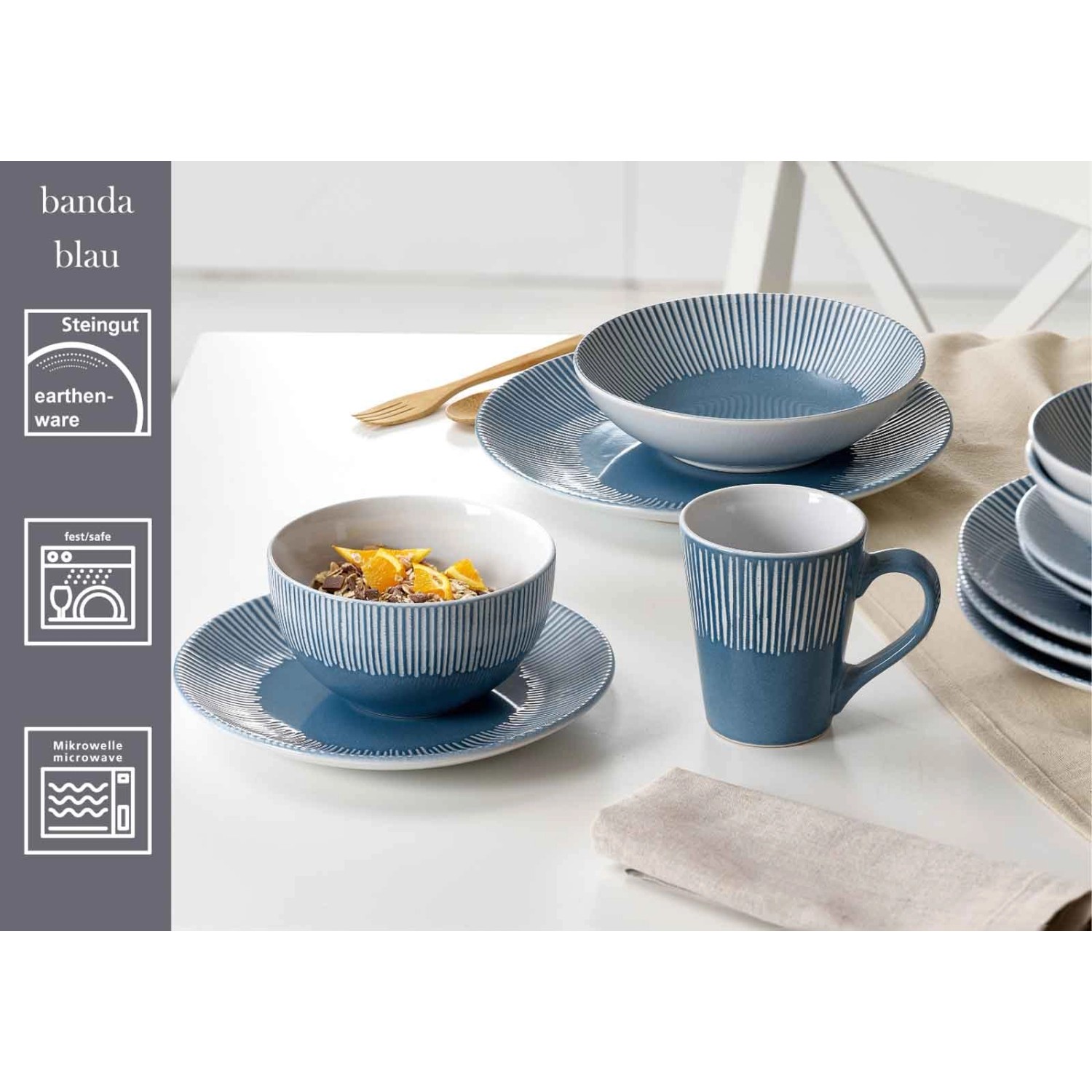 Ritzenhoff & Breker Banda Tafelservice, 12-teilig, blau, mit Streifenrelief. Geschirr-Set aus Steingut.