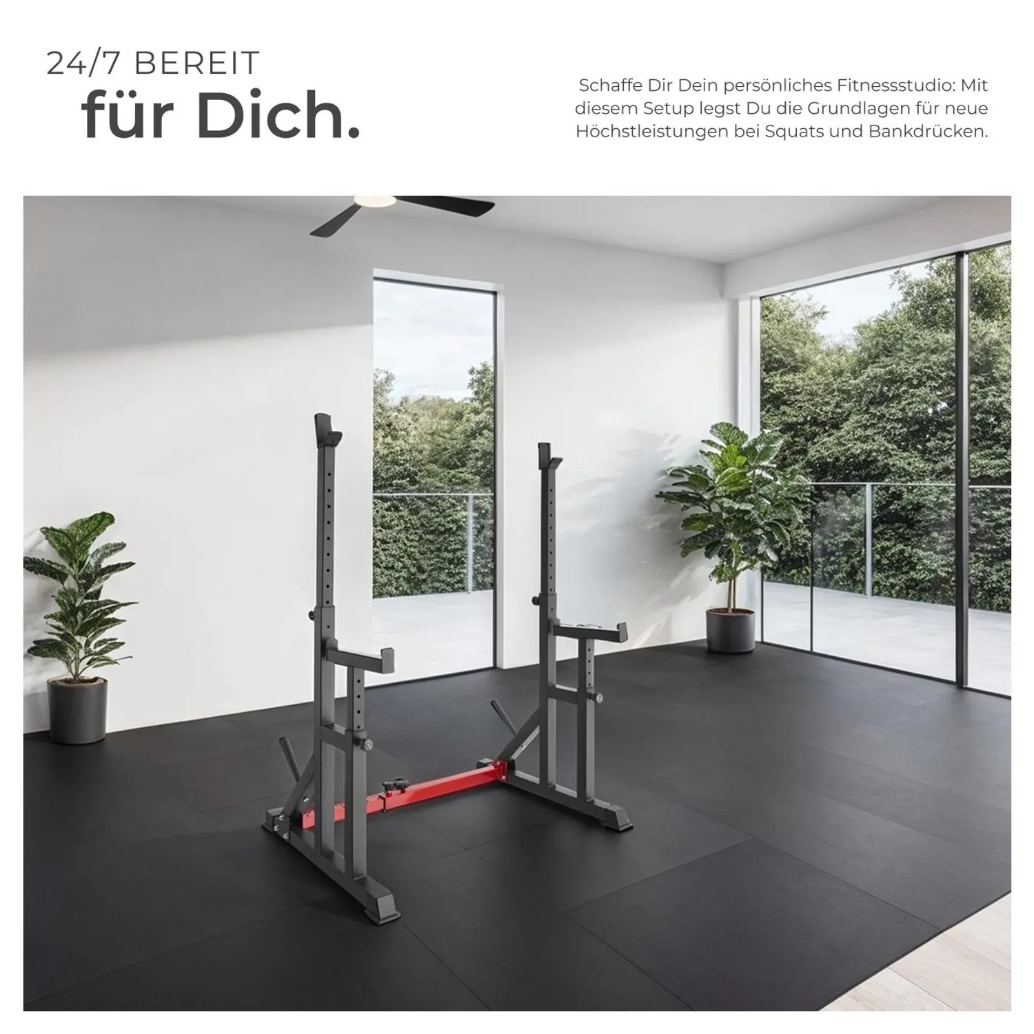 Tectake Squat Rack Creed, multifunktionales Fitnessgerät mit Ablagen, schwarz.