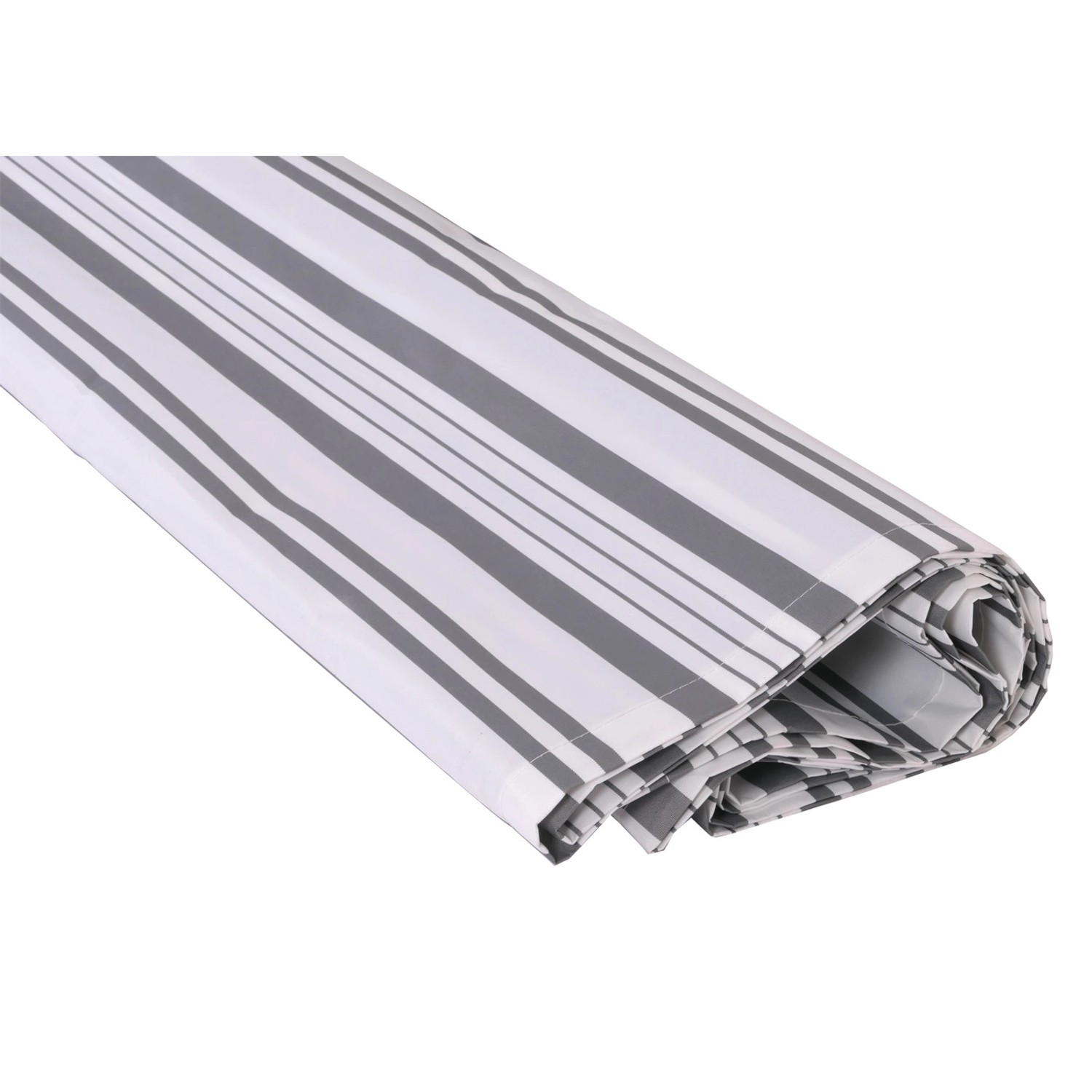 Grau-weißer Volant für Vollkassetten-Markise T124, gerollt.