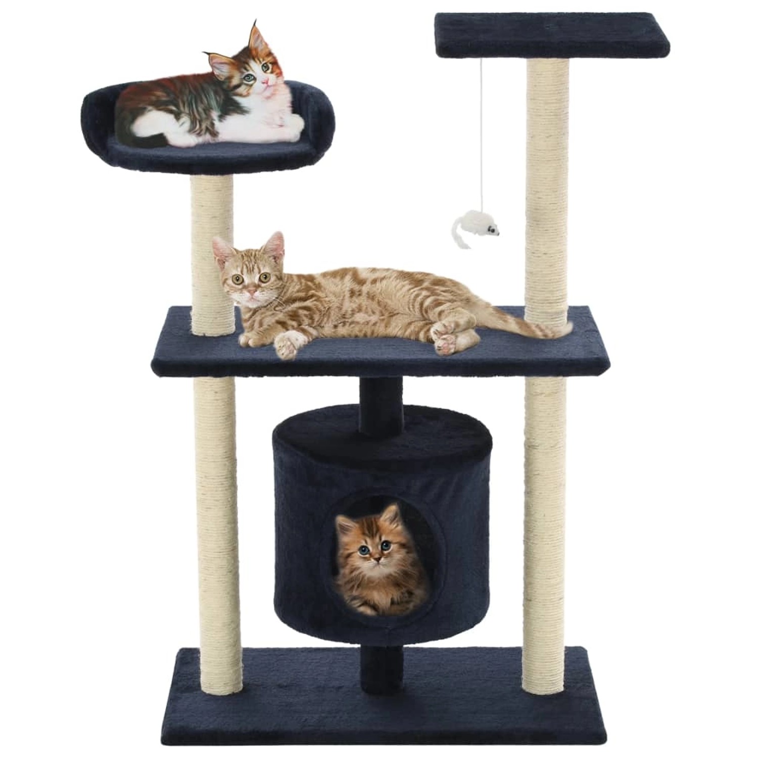 Dunkelblauer vidaXL Katzen-Kratzbaum (95 cm) mit Sisal, Liegeflächen und Katzen.
