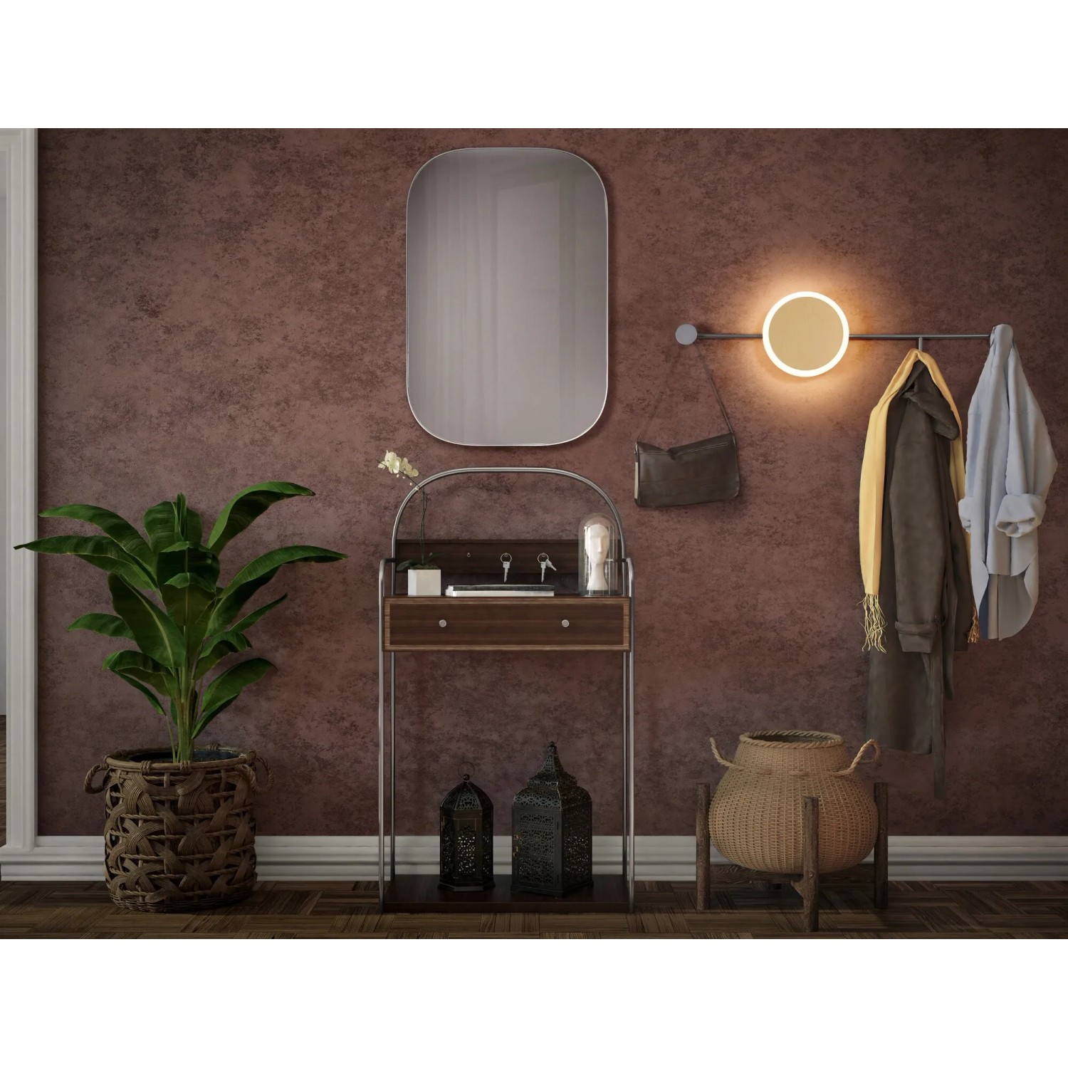 Ledvance Wandlampe Decor Perchero Grau 77 cm mit Kleiderhaken und Ablage im Flur.
