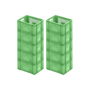 Zwei Stapel grüne PROREGAL Eurobehälter Obst- und Gemüsekisten, je 5 Stück.