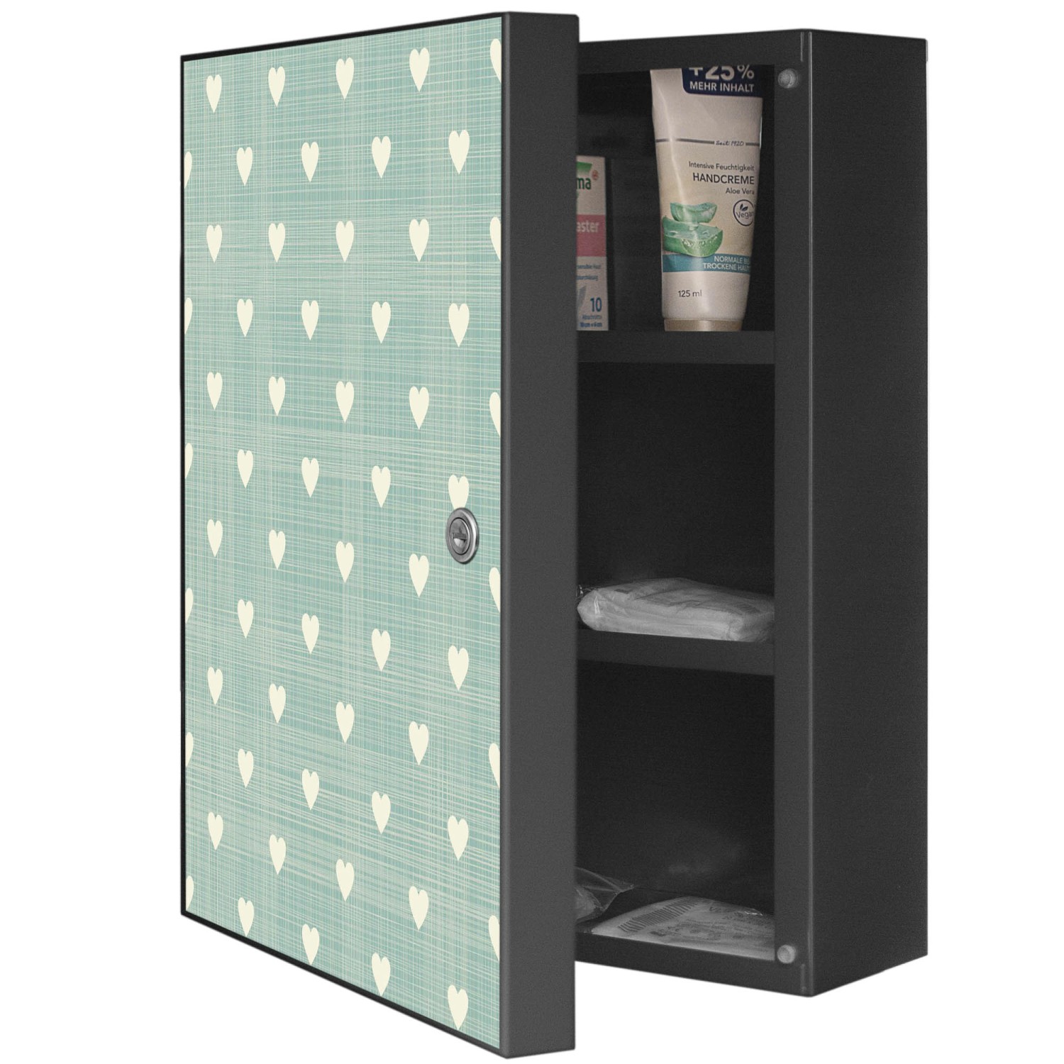 Banjado XXL Medizinschrank anthrazit mit Herzmuster, abschließbarer Arzneischrank für Bad.