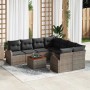 Graues 9-teiliges vidaXL Garten-Sofa-Set aus Rattan mit Tisch und schwarzen Kissen.