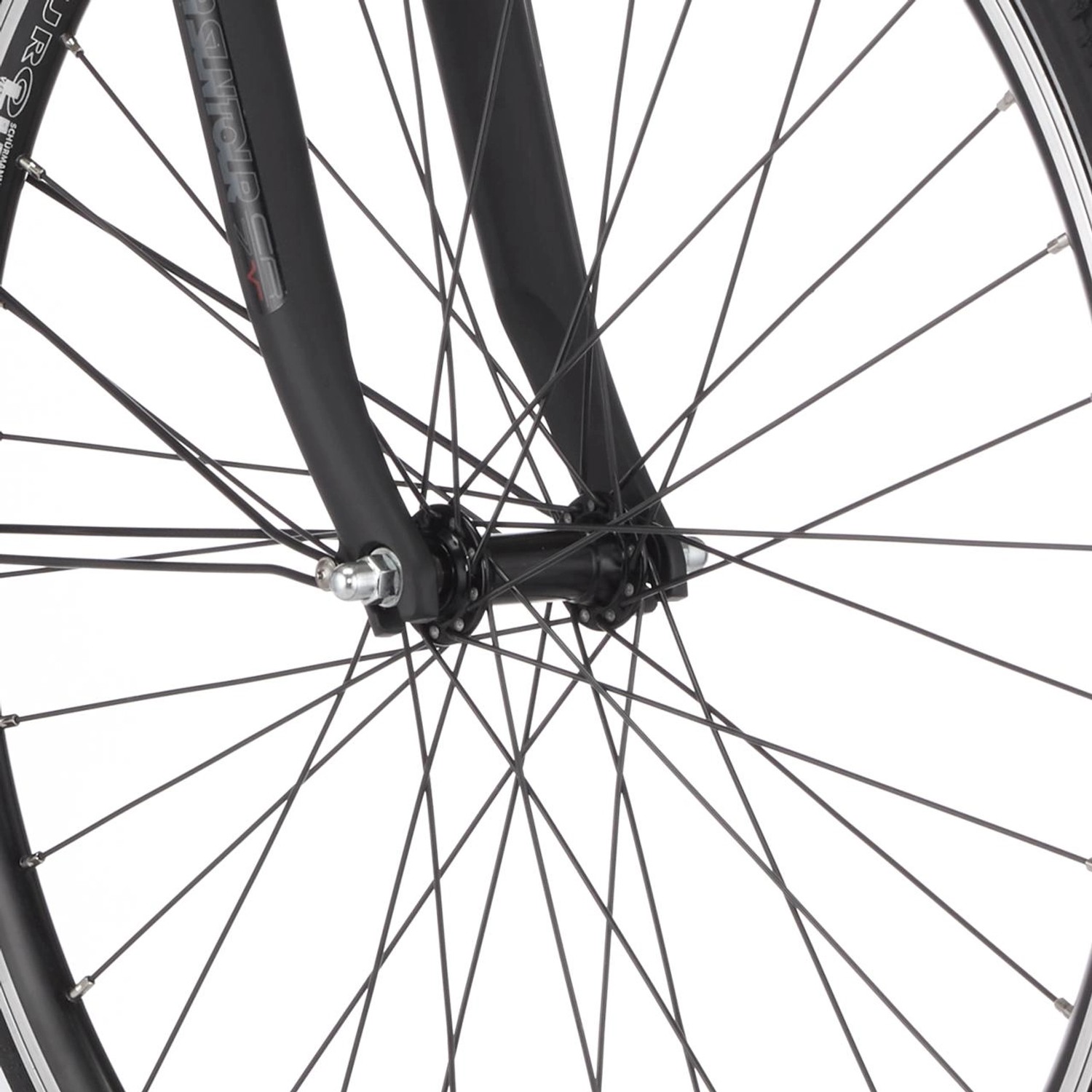 Detailaufnahme Vorderrad mit Speichen und Gabel vom weißen Fischer Cita 3.1i E-Bike City-Fahrrad 28 Zoll.