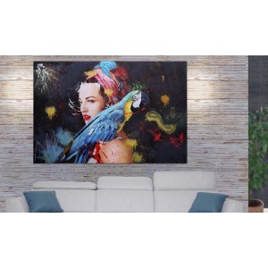 Handgemaltes Ölgemälde „Frau mit Papagei“ 100x150cm als Wanddekoration.