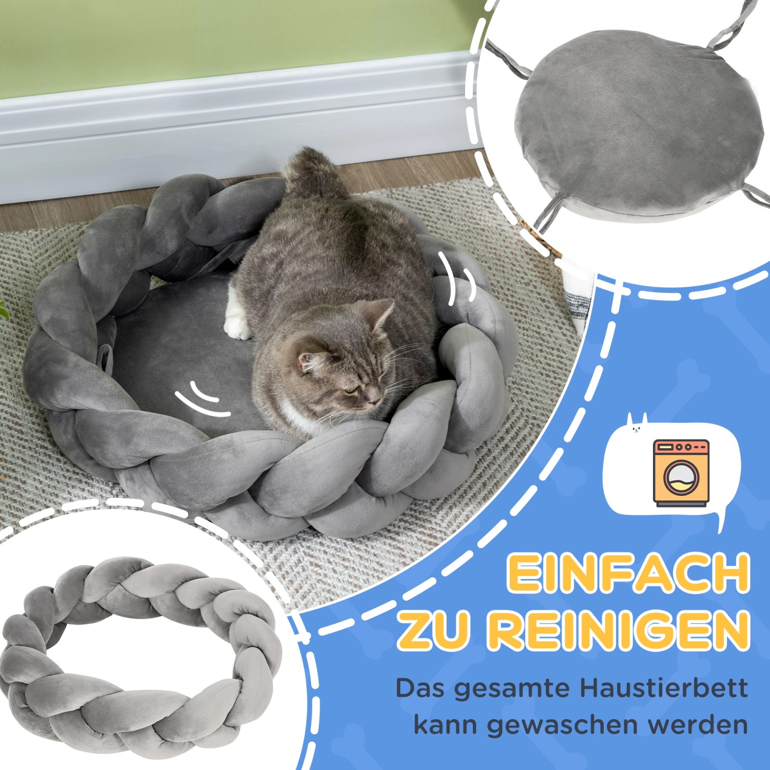 Graues PawHut Katzenbett Donut mit Katze, waschbar, Ø55cm.