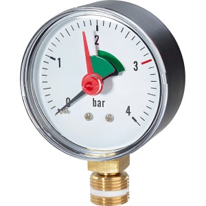 Manometer 10 mm (3/8") Radial 0-4 bar für Heizungsanlagen, gut ablesbare Skala.