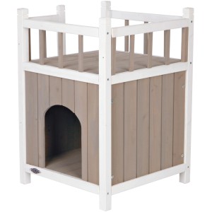 Trixie Katzenhaus mit Balkon, grau-weiß, aus Holz, mit Eingang und erhöhtem Liegeplatz.