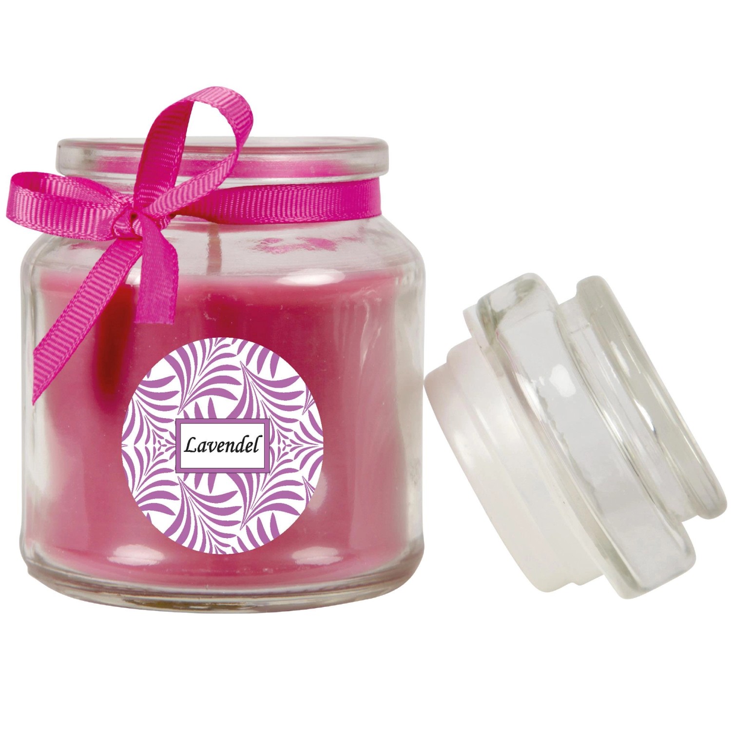 Duftkerze Lavendel im Bonbonglas (Ø7cm) mit rosa Schleife.