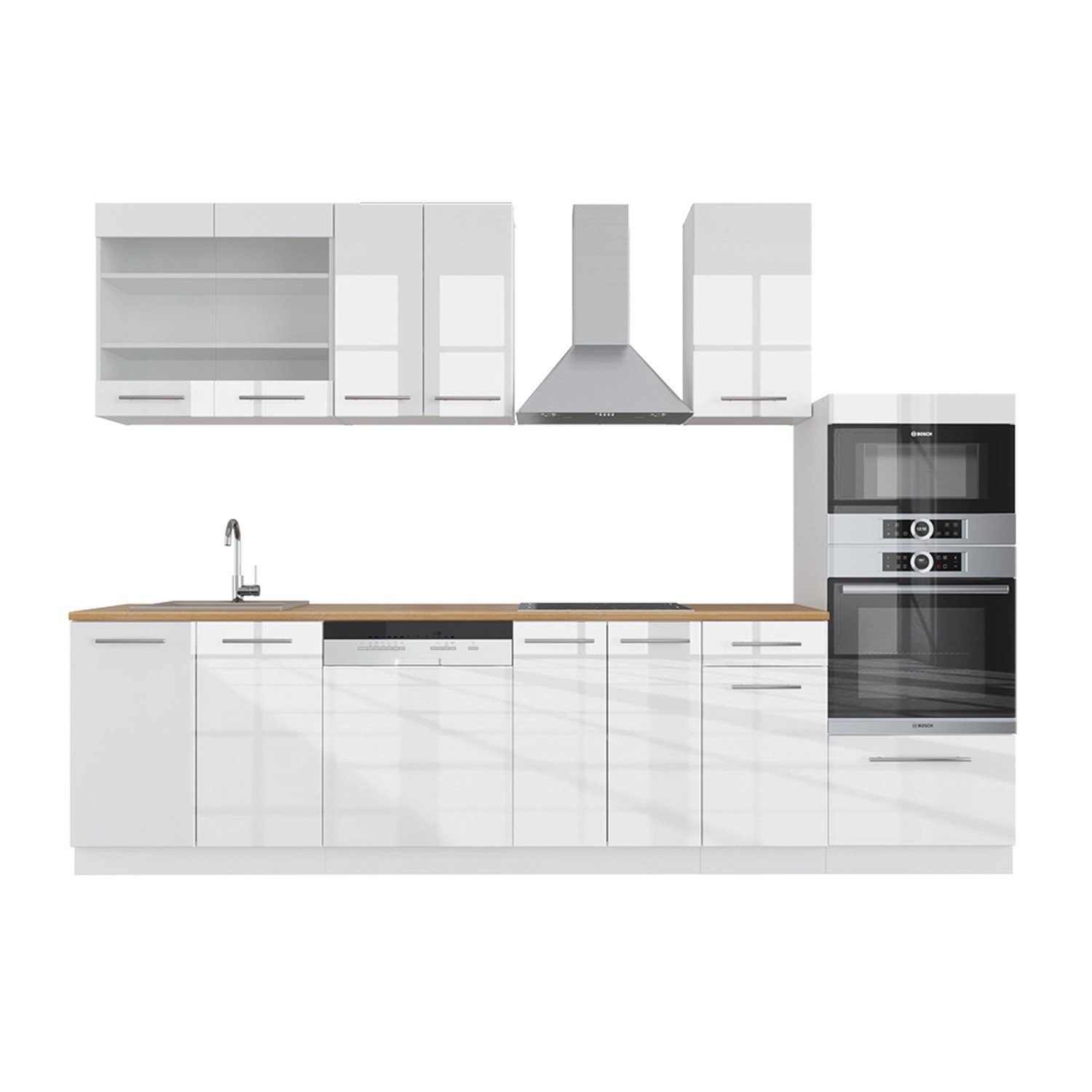 Vicco Fame-Line Küchenzeile Weiß 300 cm mit Hochschrankohne Arbeitsplatte günstig online kaufen