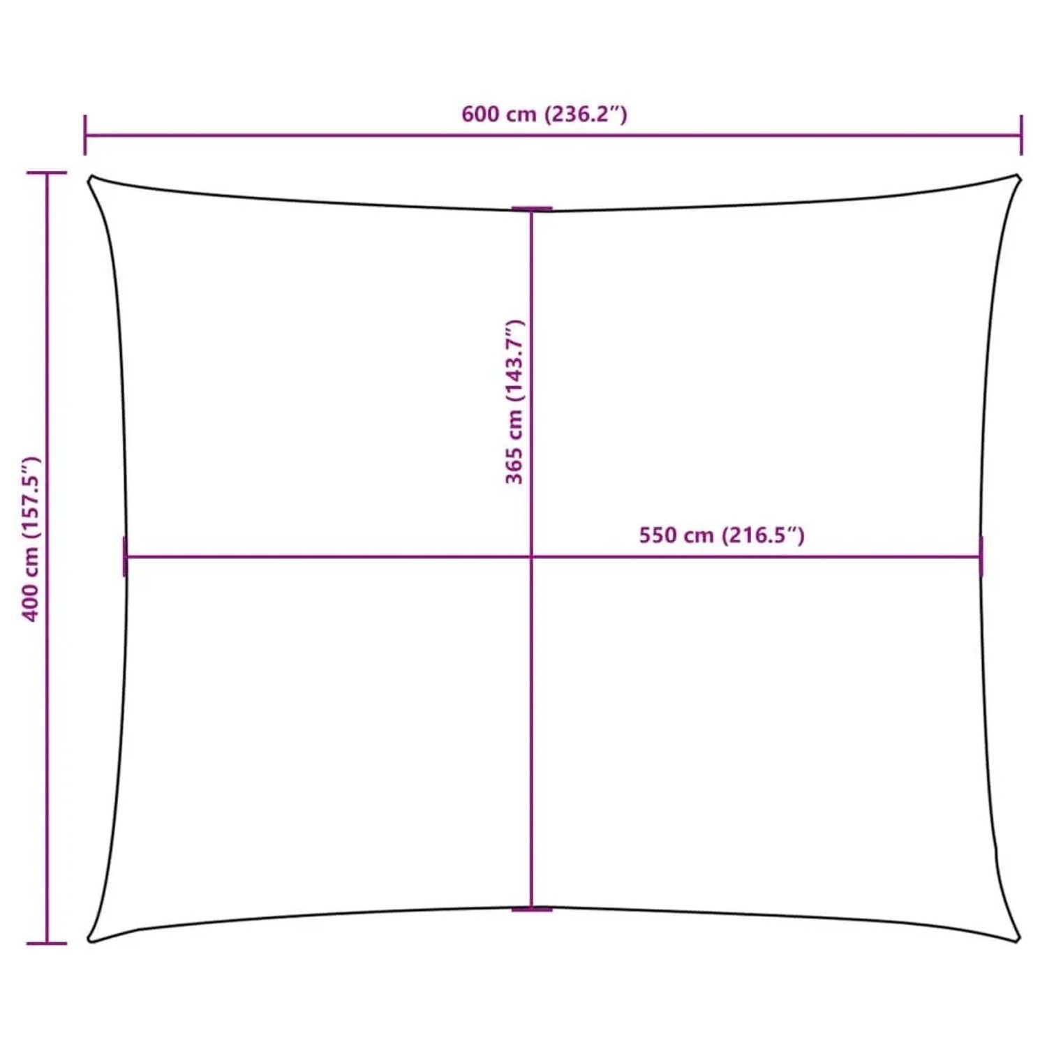 Maßzeichnung des vidaXL Sonnensegels, rechteckig 4x6 m, mit Abmessungen 600x400 cm und 550x365 cm.