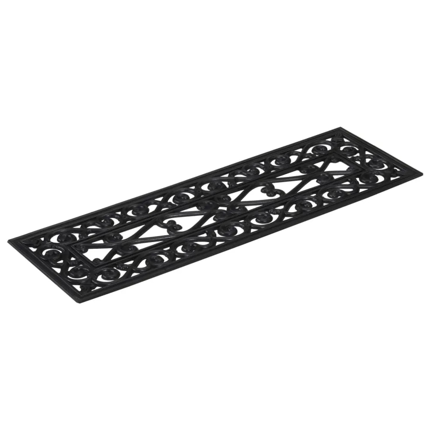 Schwarze Gummi Stufenmatte 25x75 cm mit dekorativem Schmiedeeisen-Muster. Rutschfest für Treppen.