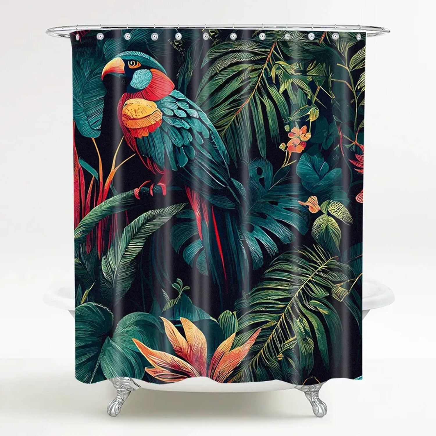 SANILO Duschvorhang Exotic mit Papagei und tropischen Pflanzen, 180x200 cm.