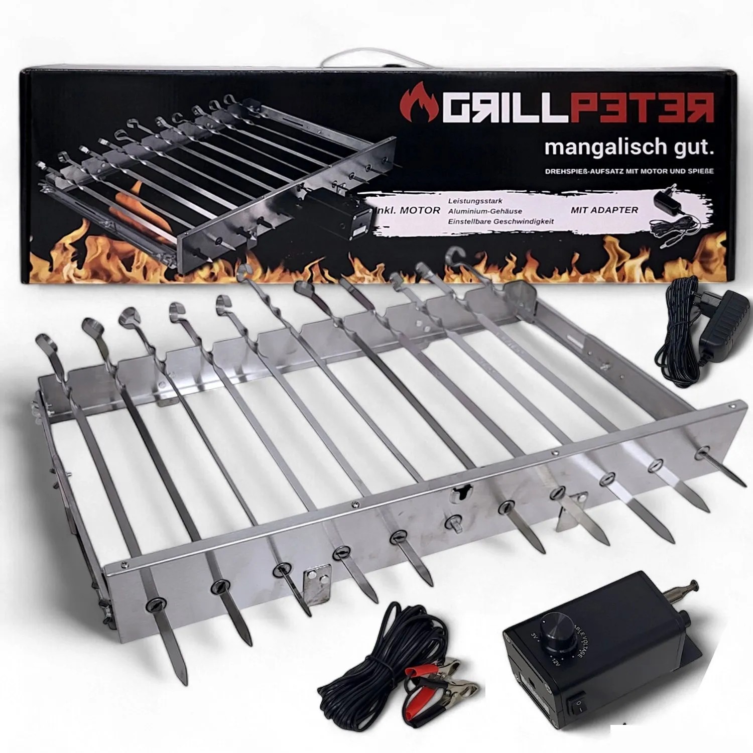 Grillpeter Mangal Astana Deluxe 11er Spießdreher 230V Motor Deckel Grillrost Ablage_9