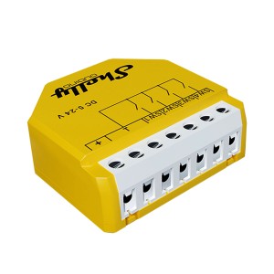 Gelbes Shelly Relaismodul Z-Wave für Hausautomation mit 4 Eingängen.