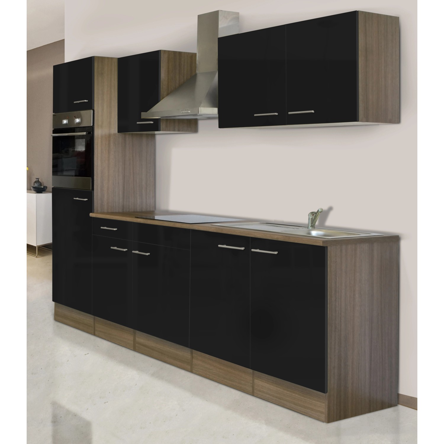 Respekta Küchenzeile KB270EYS, 270 cm, Schwarz Seidenglanz/Eiche York Nachbildung mit E-Geräten.