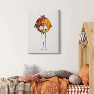 Leinwandbild mit lustigem Vogel in Orange/Gelb für Kinder- oder Wohnzimmer. Moderne Wanddekoration.