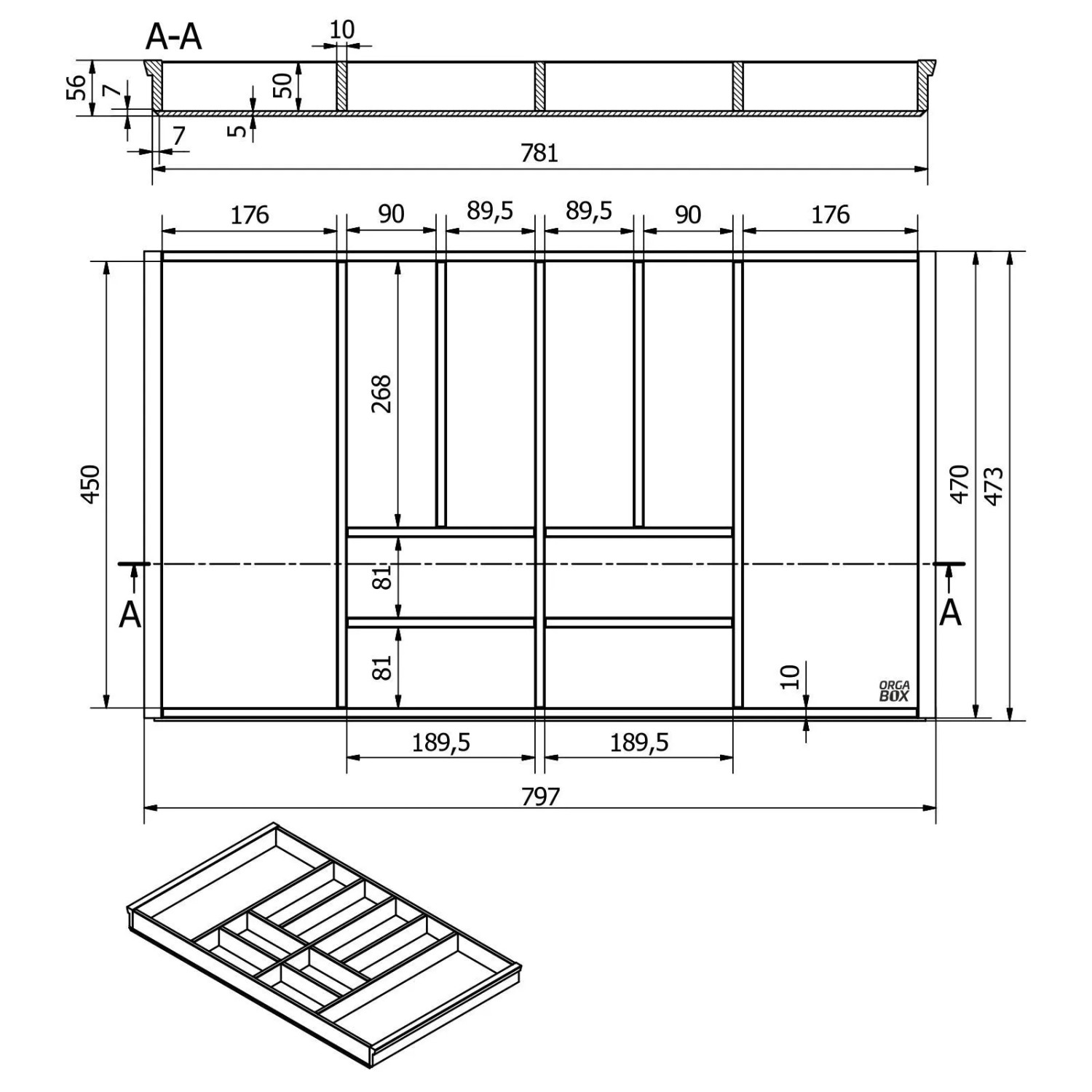 Technisches Diagramm SOTECH ORGA-BOX 3 Bambus Besteckeinsatz, 10 Fächer, Maße 473x797x56 mm für 90er Schublade.