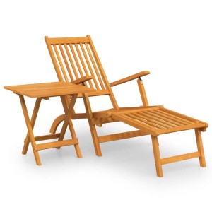 Gartenliege mit Fußteil und Tisch aus Akazienholz. Sonnenliege mit klappbarem Tisch für Garten, Terrasse oder Balkon.