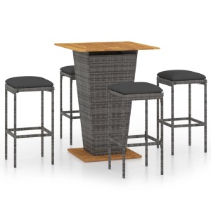 5-tlg. Gartenbar-Set grau mit Kissen: Tisch mit Akazienholzplatte und 4 Rattan Barhockern mit anthrazitfarbenen Kissen.