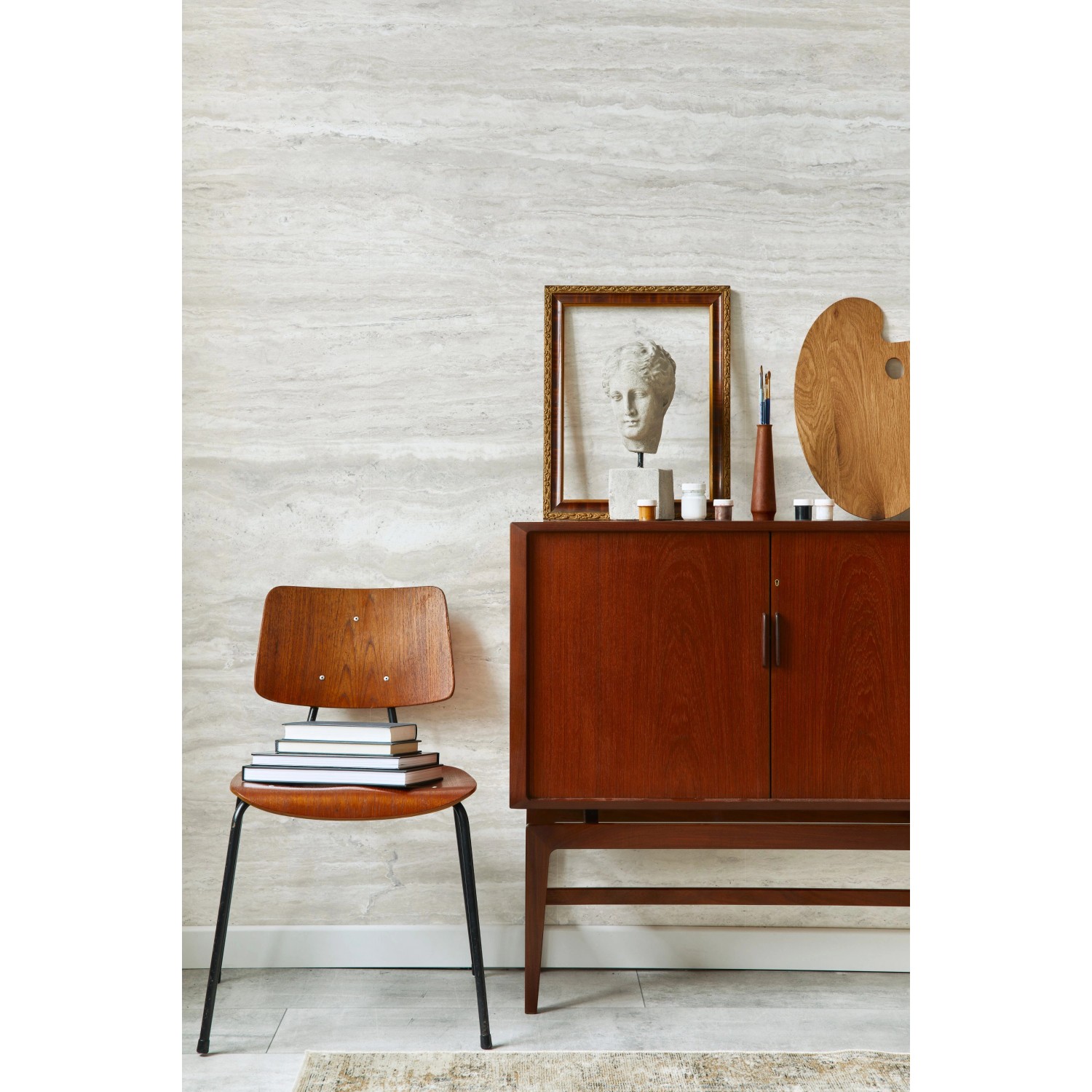 Grosfillex Wandpaneel Element 3D Optik Romano Bianco Brillant im Wohnraum.